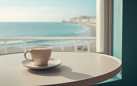 Coffee cup on table in coffee shop with sea view backgroundの素材