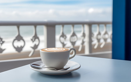Coffee cup on the table in coffee shop with sea view backgroundの素材