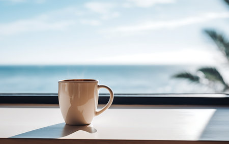 Coffee cup on the table near the window with sea viewの素材