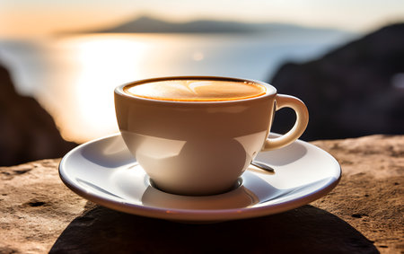 Coffee cup on the rock with sea and mountain view backgroundの素材
