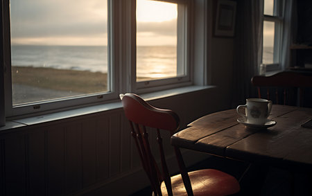 Cup of coffee on a wooden table in front of the seaの素材