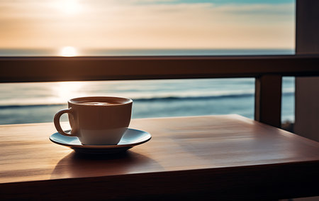 Coffee cup on wooden table with sea and sunset background.の素材