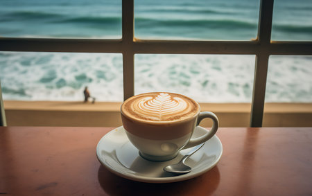 Hot art Latte Coffee in a cup on wooden table with sea view background.の素材