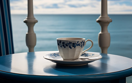 Cup of coffee on a blue table with sea in the backgroundの素材