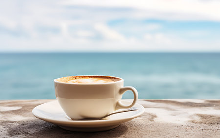 Coffee cup on the beach with sea and sky background.の素材