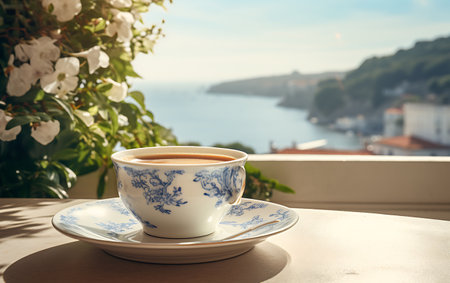 A cup of coffee on the terrace with a view of the sea.の素材