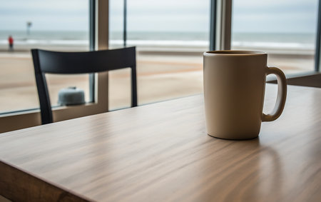 Coffee cup on wooden table in coffee shop with sea view backgroundの素材