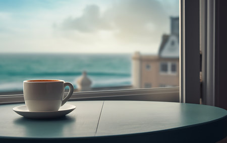 Coffee cup on table in front of window with sea viewの素材