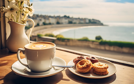 Coffee cup and croissant on the terrace with sea viewの素材