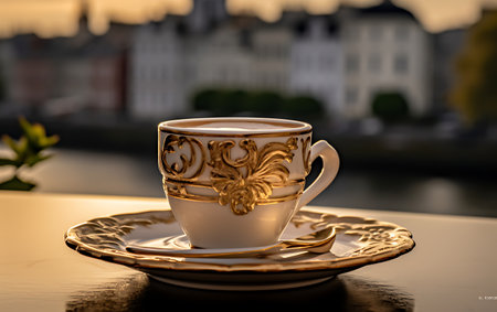 Cup of coffee on the terrace of a cafe in Parisの素材