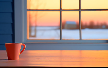 Red coffee cup on a wooden table in front of the window at sunsetの素材