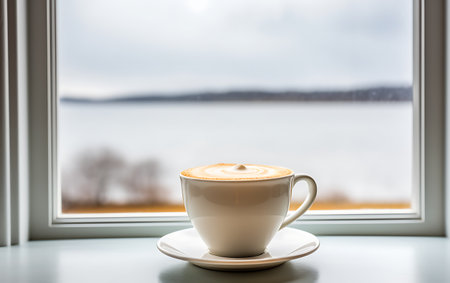 Cup of cappuccino on the windowsill with lake viewの素材