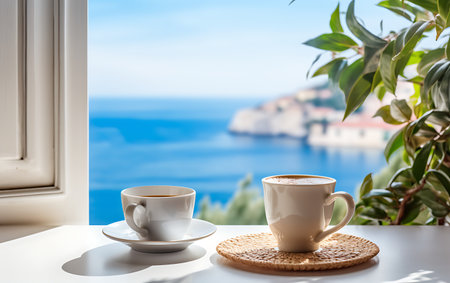Coffee cup and saucer on a white table in front of sea viewの素材