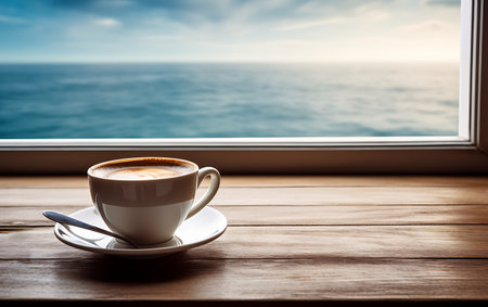 Coffee cup on wooden table with sea and sky background.の素材