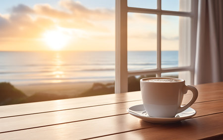 Cup of coffee on wooden table with sea view and sunset background.の素材