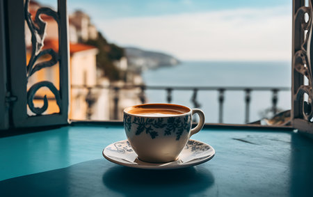 Coffee cup on the terrace near the sea in Montenegroの素材