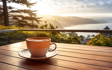 Coffee cup on the wooden table with sea view background.の素材