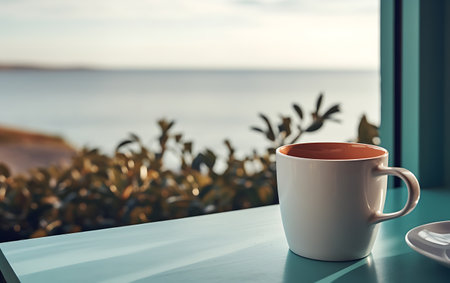 Coffee cup and saucer on table with sea view backgroundの素材