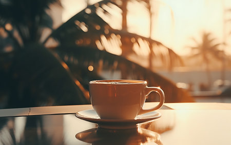 Coffee cup on table in coffee shop - vintage filter effectの素材