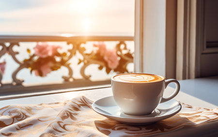 Coffee cup on the table in coffee shop, stock photoの素材
