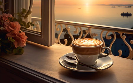 Cup of coffee on the balcony with beautiful view of the sea.の素材