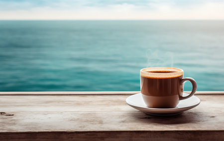 Coffee cup on wooden table with sea and sky background.の素材