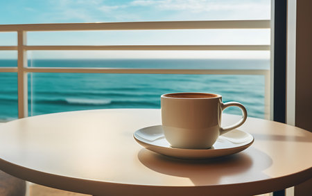 Coffee cup on table in coffee shop with sea view backgroundの素材