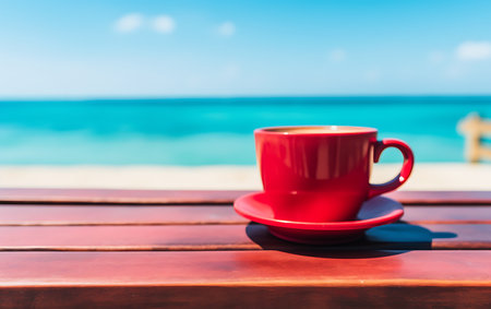 Red coffee cup on wooden table with sea view background - Vintage Filterの素材