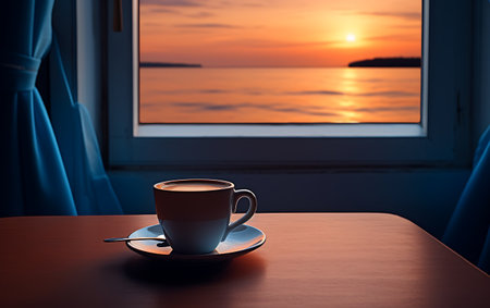 Coffee cup on wooden table with sea view at sunset.の素材