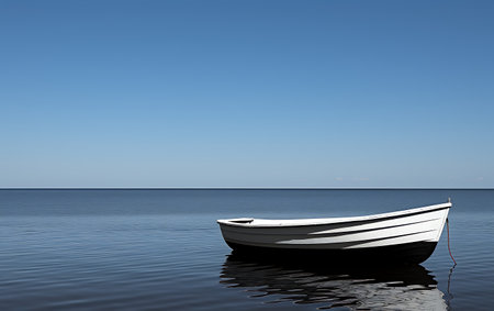 White boat in the sea on a background of blue sky with cloudsの素材