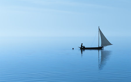 Sailing boat in the sea with a silhouette of a fisherman.の素材