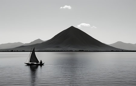 Sailing boat in the lake with mountains in the background in black and whiteの素材