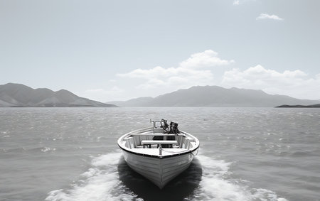 Fishing boat in the sea with mountains in the background. Noir et blanc.の素材