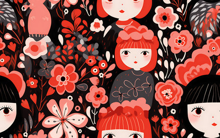 Seamless pattern with cute girls and flowers. Vector illustration.の素材