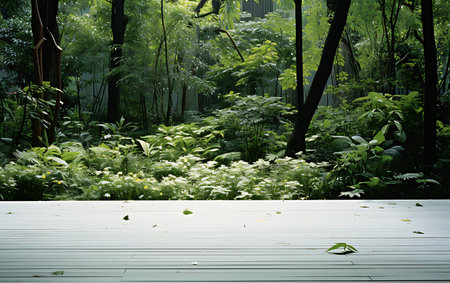 White wood floor and green forest in the morning. Natural background.の素材