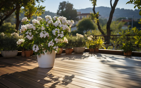 White flowers in a pot on the terrace of a private houseの素材