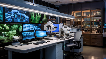 3d rendering of modern science and technology lab with computer monitors and screensの素材