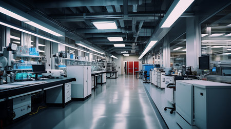 The image of a modern laboratory interior with equipment and science experiments.の素材