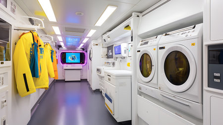 Interior of a modern commercial laundry room with washing machines and clothesの素材