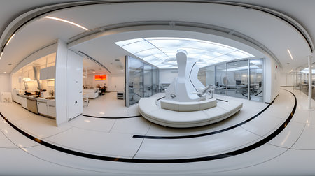 3d rendering of modern office interior with glass wall and white floorの素材