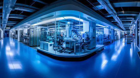 Medical laboratory equipment in blue light. 3d rendering. Computer digital drawing.の素材