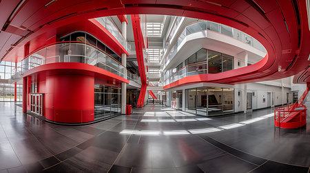 3d render of modern building interior with red and black glass windowsの素材