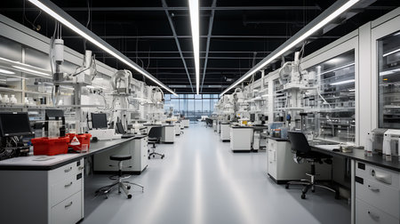 3d render of a modern laboratory interior with a lot of equipmentの素材