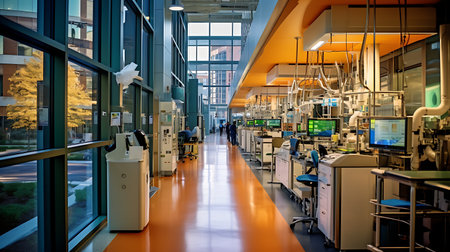 Interior of a modern hospital with a lot of equipment and peopleの素材