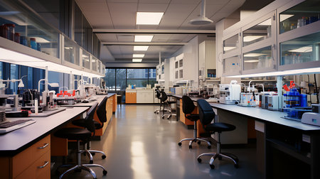 Interior of a modern scientific laboratory with equipment and science experiments.の素材