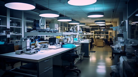 Laboratory interior with equipment and science experiments. Toned image.の素材