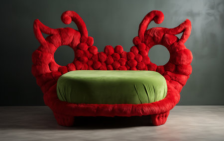 Red velvet sofa with red pillows on a gray background. 3d renderingの素材