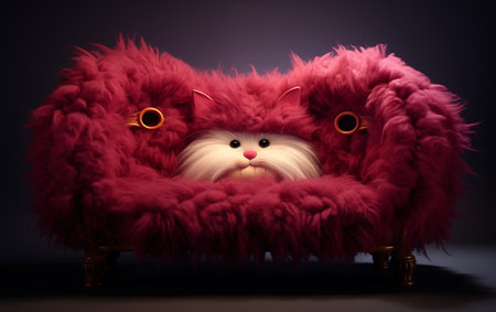 Funny cat in a pink fur sofa on a dark background.の素材