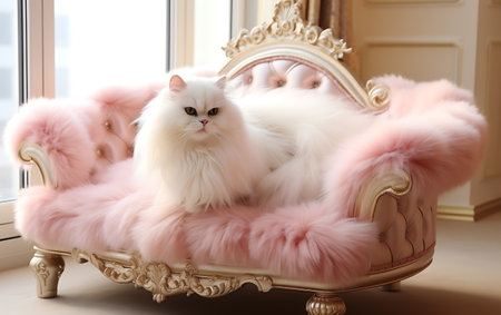 White persian cat on a pink sofa in the interior of the roomの素材
