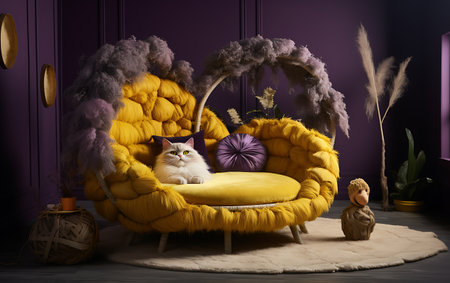 Beautiful cat in armchair in room decorated with pampas grassの素材